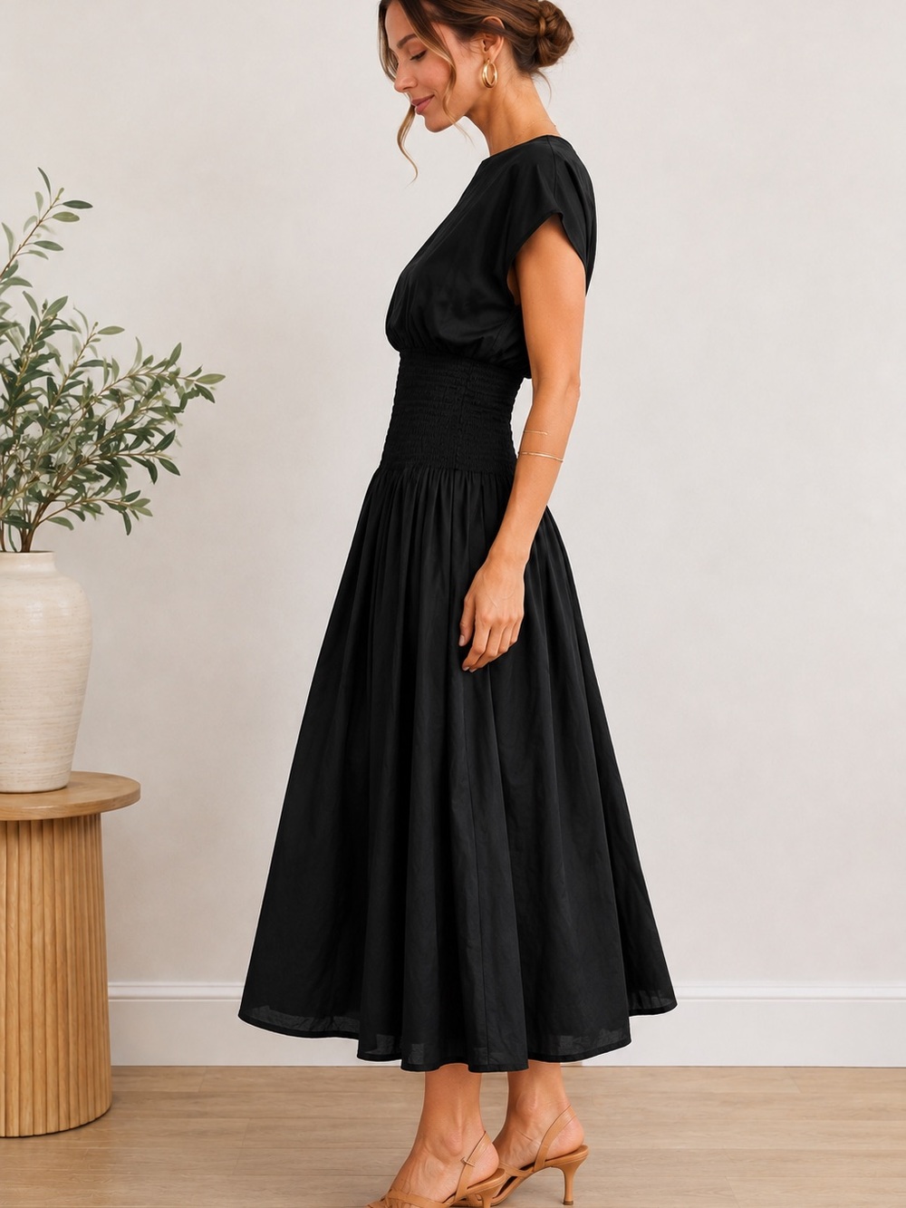 Pearl Black Smocked-Waist Midi Dress with Flutter Sleeves